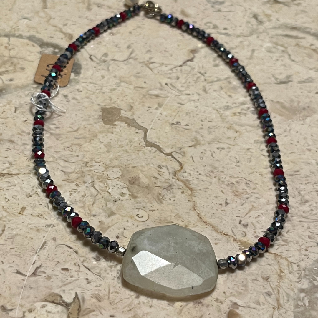 Handmade Beaded Necklace with Large Crystal