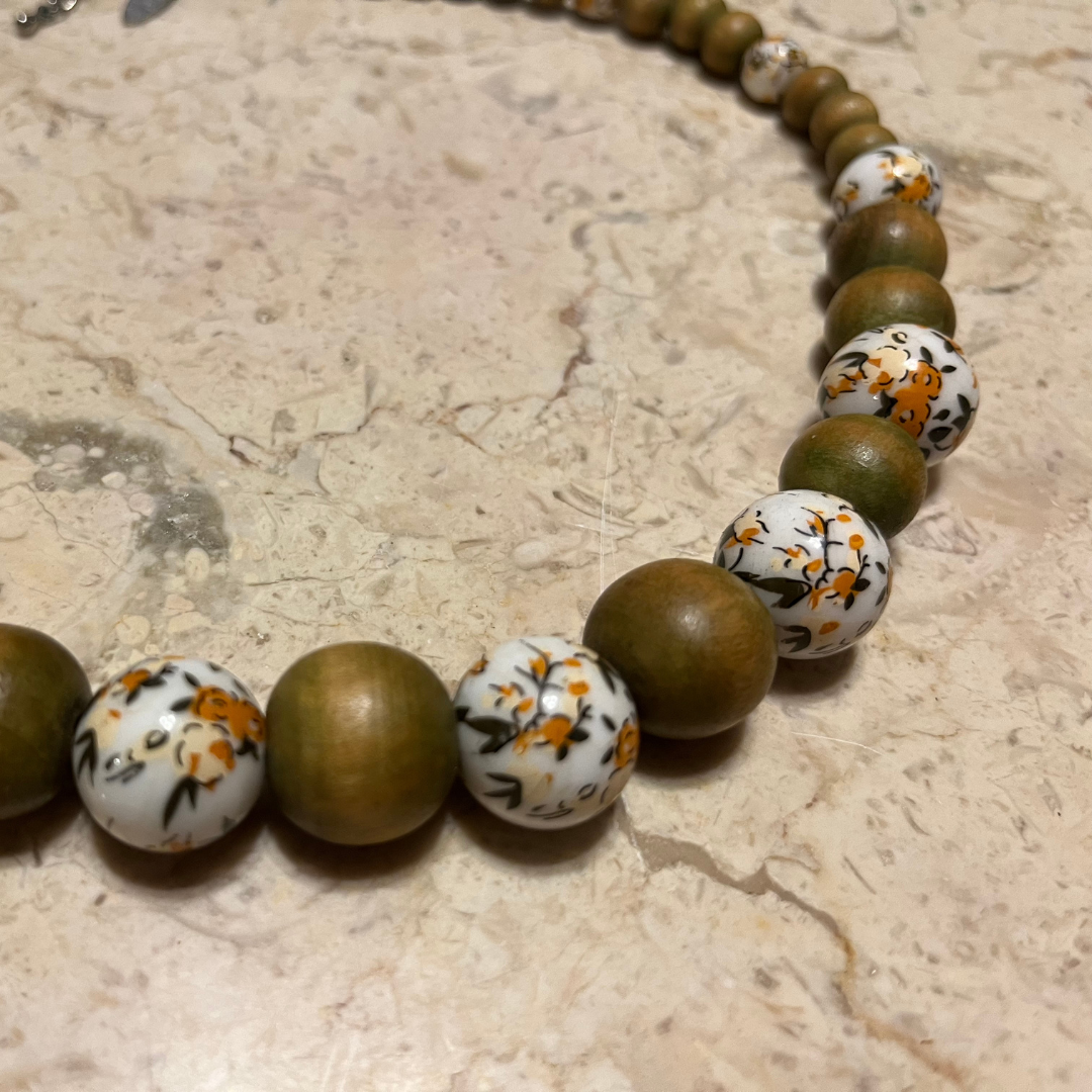 Vintage Floral Bead and Wood Necklace