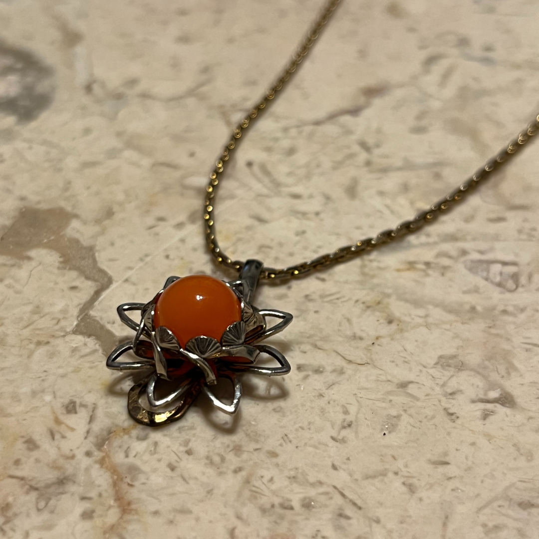 Vintage Flower Necklace with Orange Bead